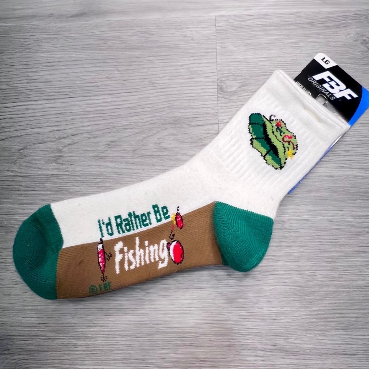 Fbf Originals Mens Large Id Rather Be Fishing Crew Socks White Green Made In Usa